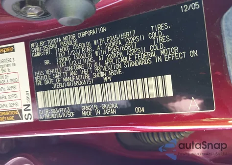 2006 Toyota 4Runner Sr5 Sport V6 из США, поврежденный, VIN JTEBU14R768066157